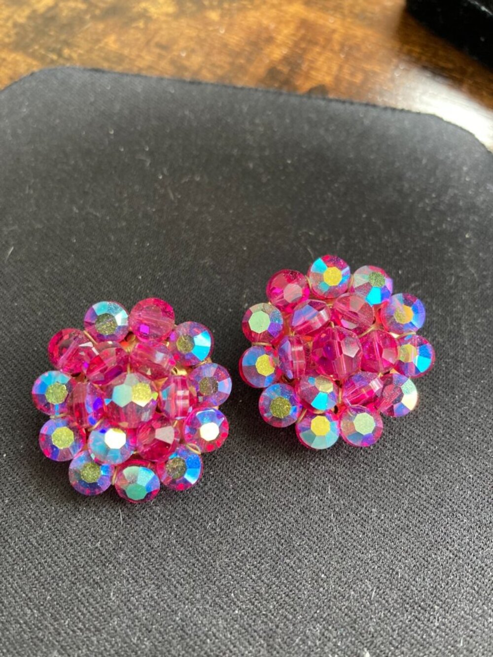 Vintage Clip Earrings Dark Pink Aurora Borealis Cyrystal Glass